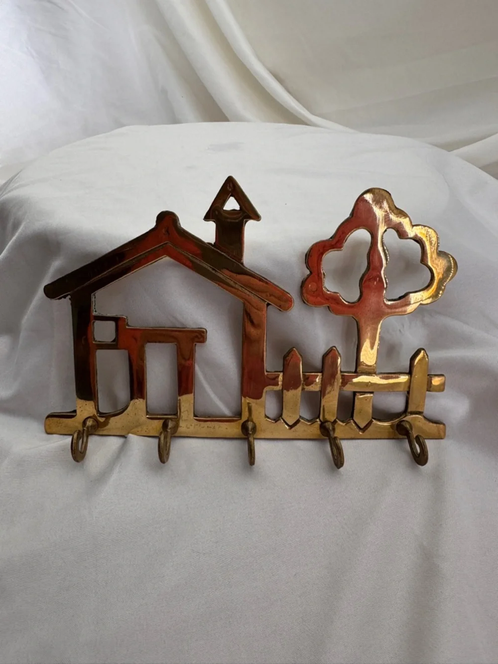Vintage Brass Cottagecore House & Tree Wall Hook Entryway Decor Key Holder MCM